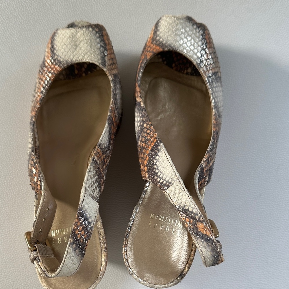 Stuart Weitzman Snakeskin Slingback Heels - Cream, Brown, Black